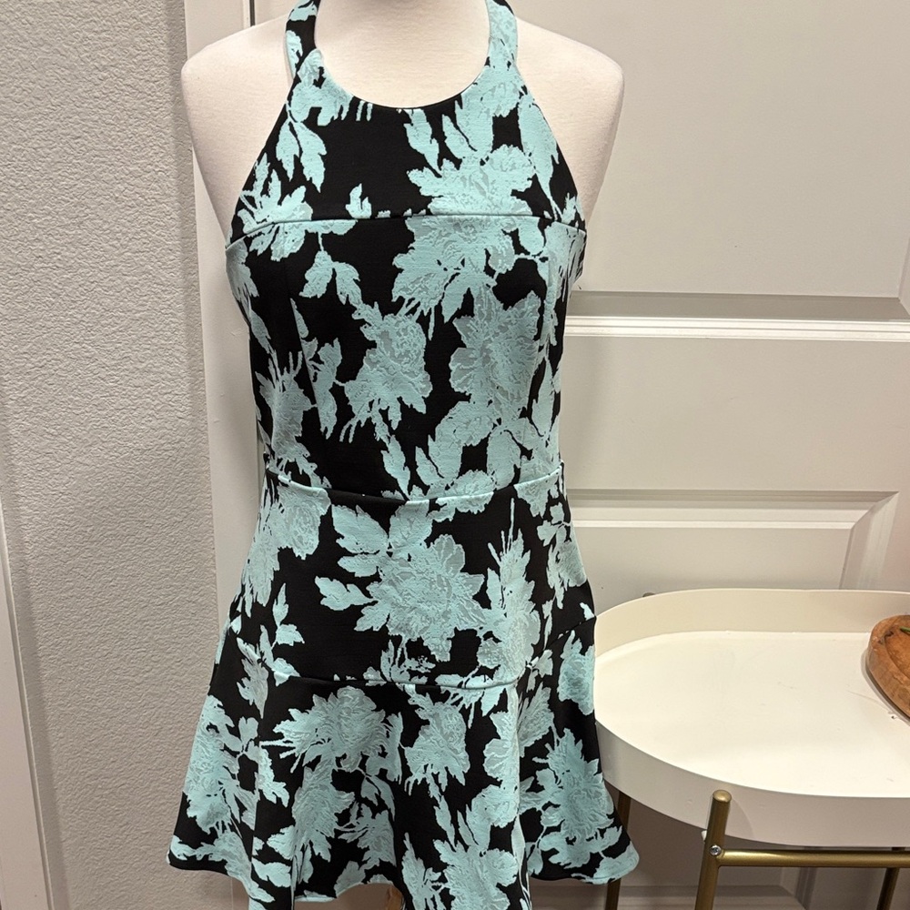 EUC Black and Mint Floral Halter Skater Dress